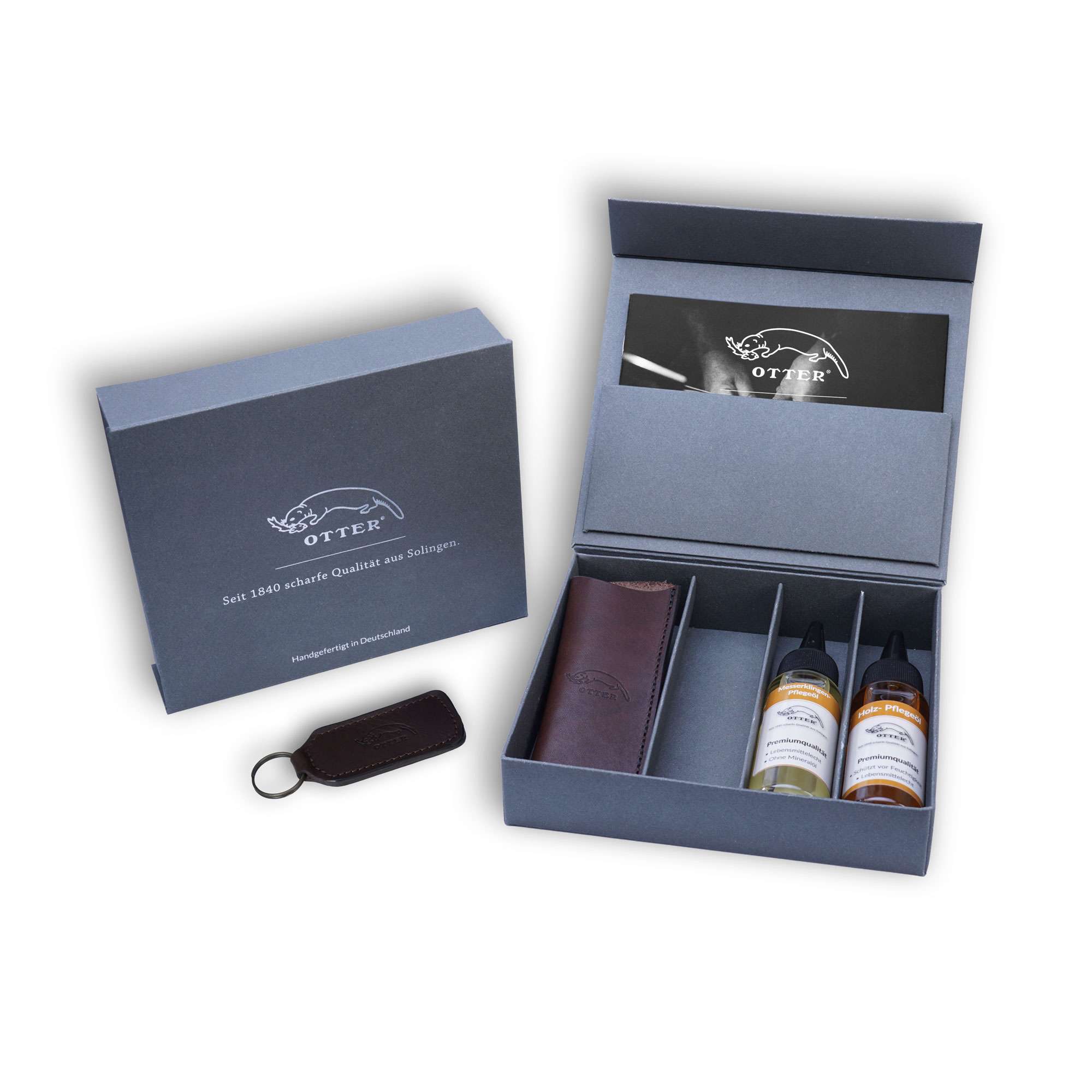 Geschenkbox mit Etui, Pflegeöle und Schlüsselanhänger Geschenkbox mit Etui, Pflegeöle und Schlüsselanhänger