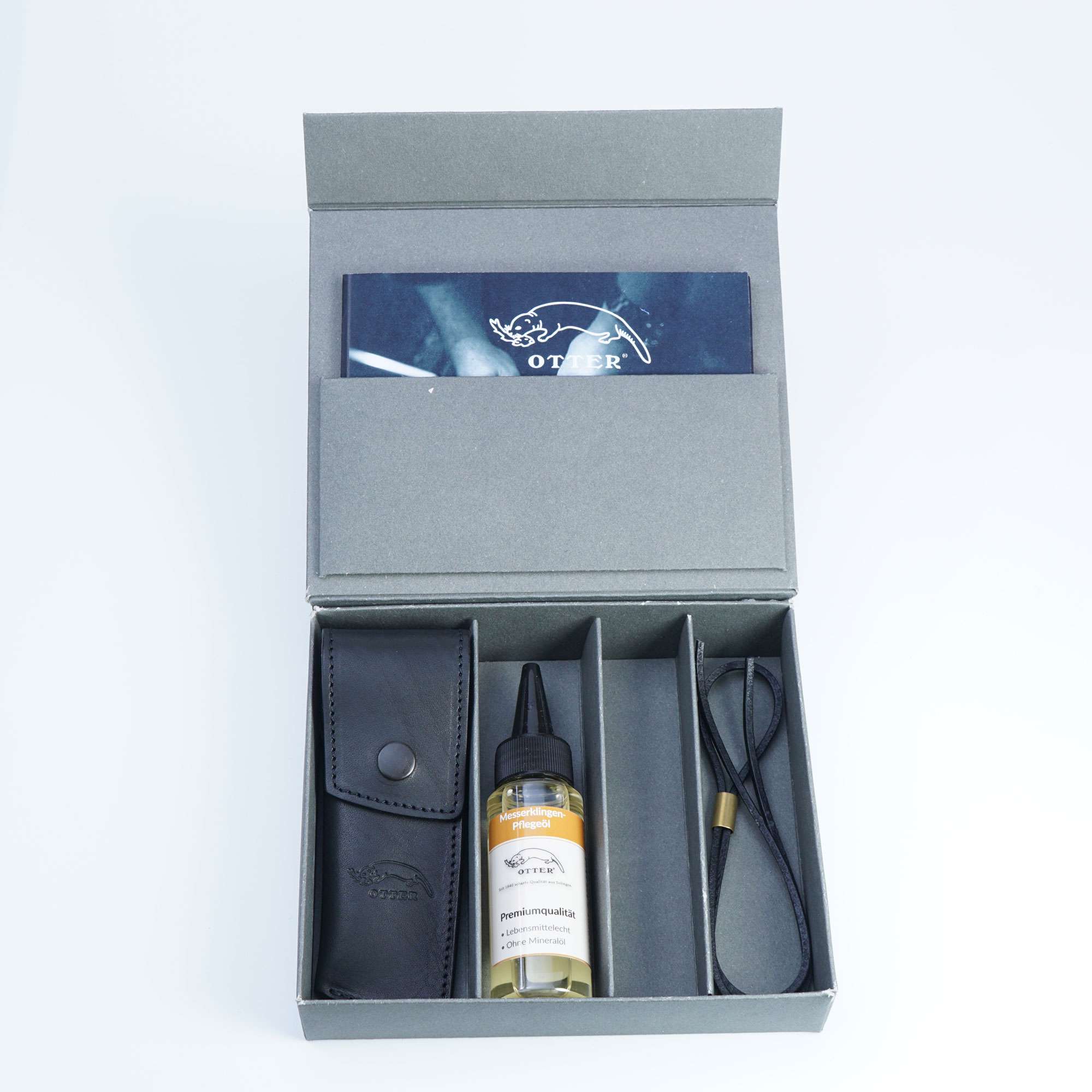 Geschenkbox 6 mit Messerholster 01, Pflegeöl und Lederband