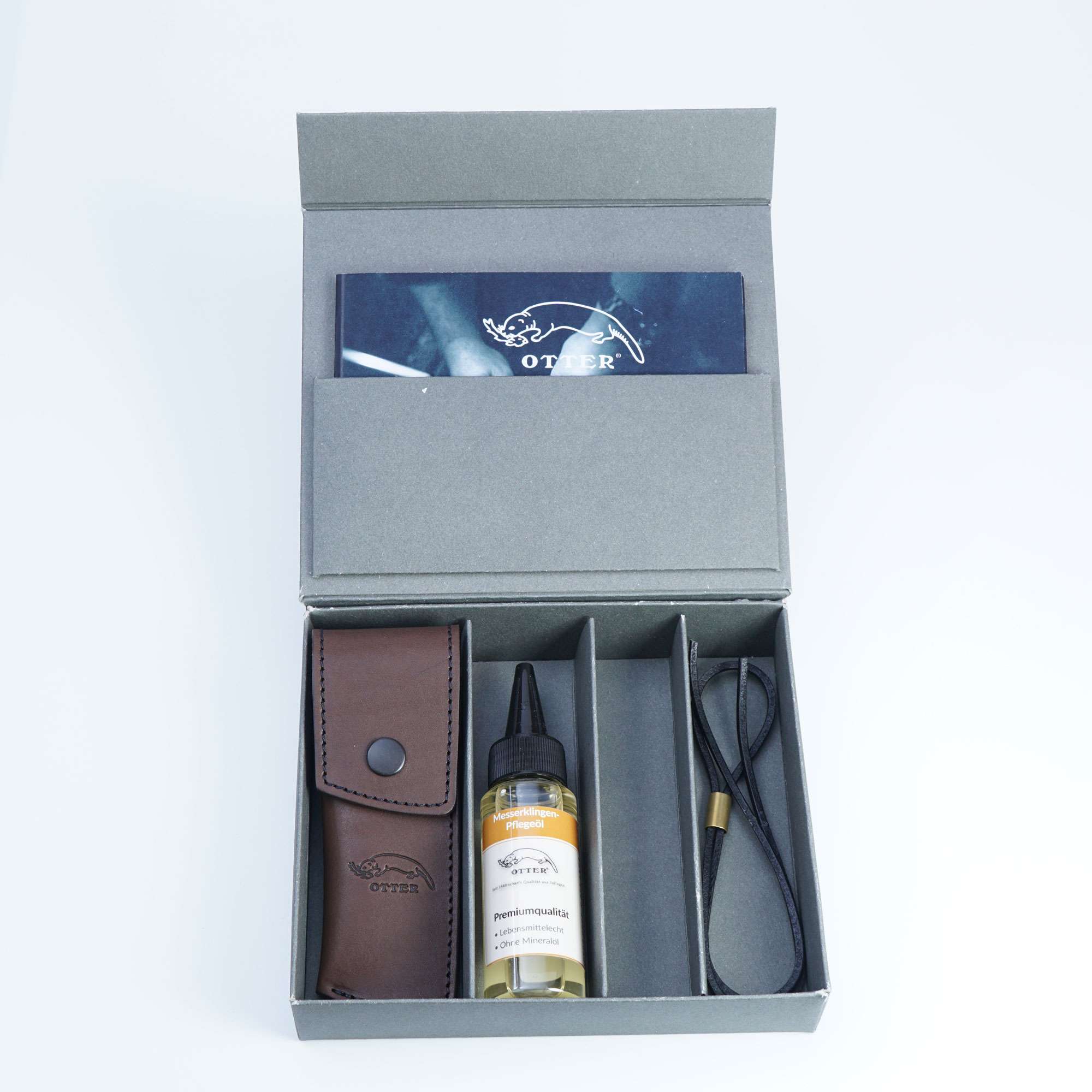 Geschenkbox 6 mit Messerholster 01, Pflegeöl und Lederband