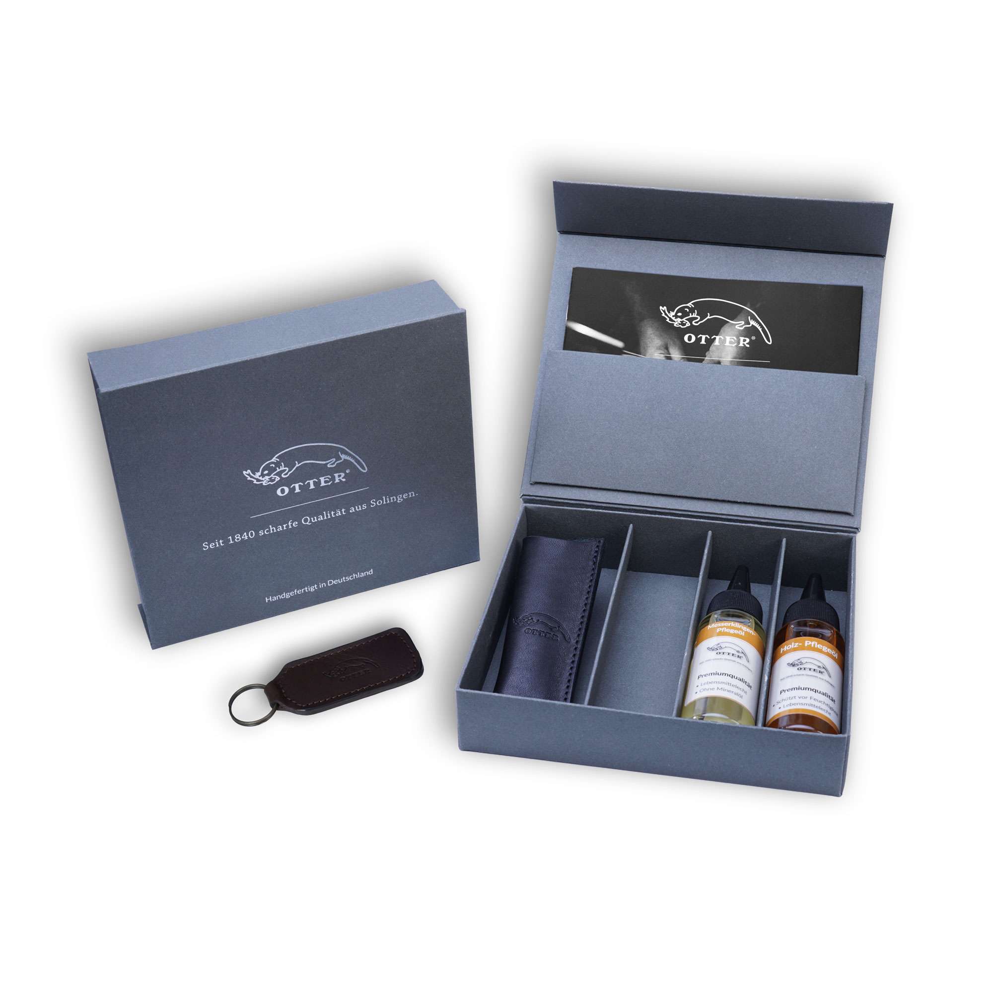 Geschenkbox mit Etui, Pflegeöle und Schlüsselanhänger Geschenkbox mit Etui, Pflegeöle und Schlüsselanhänger